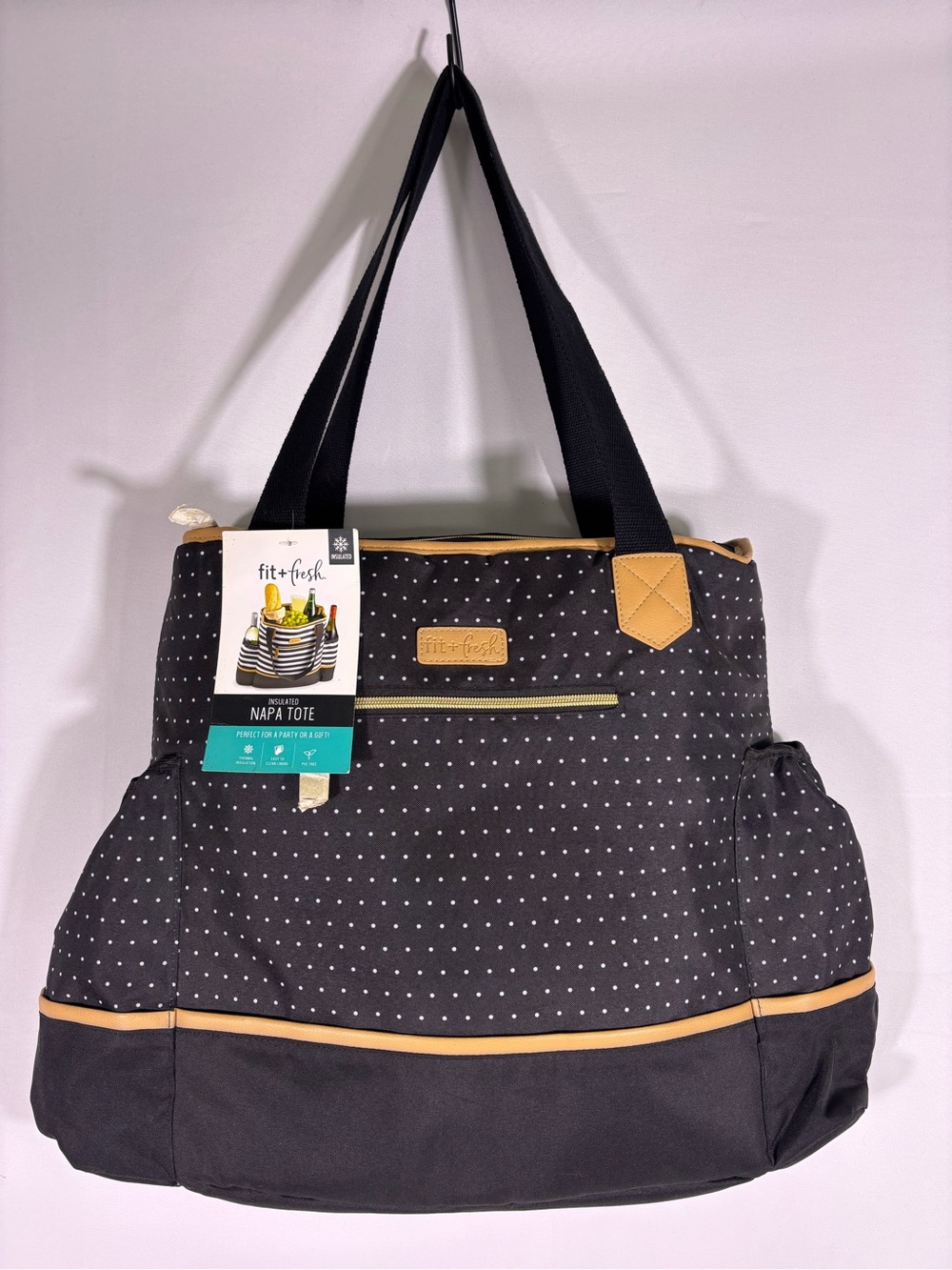 NWT Fit + Fresh Insulated Napa Tote Cooler Bag Polka Dot Black